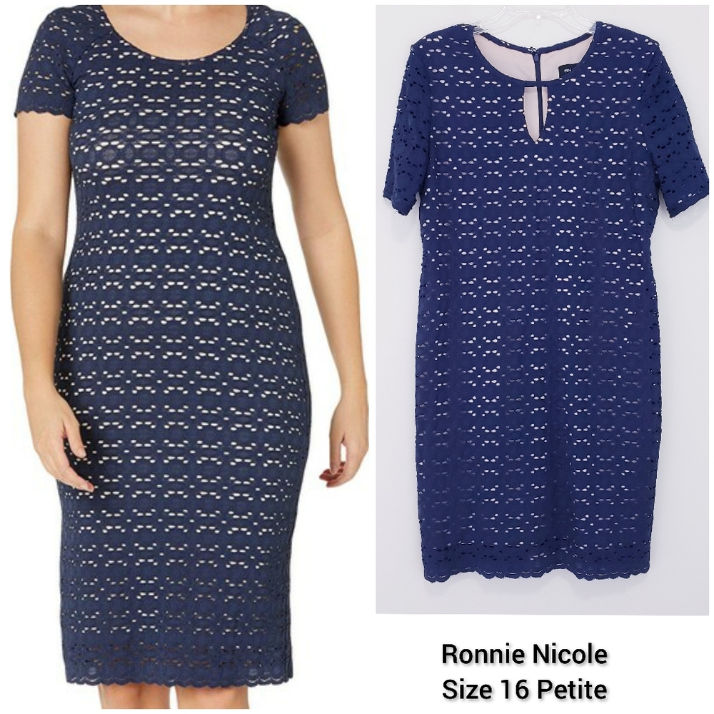 Ronnie Nicole Navy Blue Lace Short Sleeve Sheath Dress 16 Petite Office Career